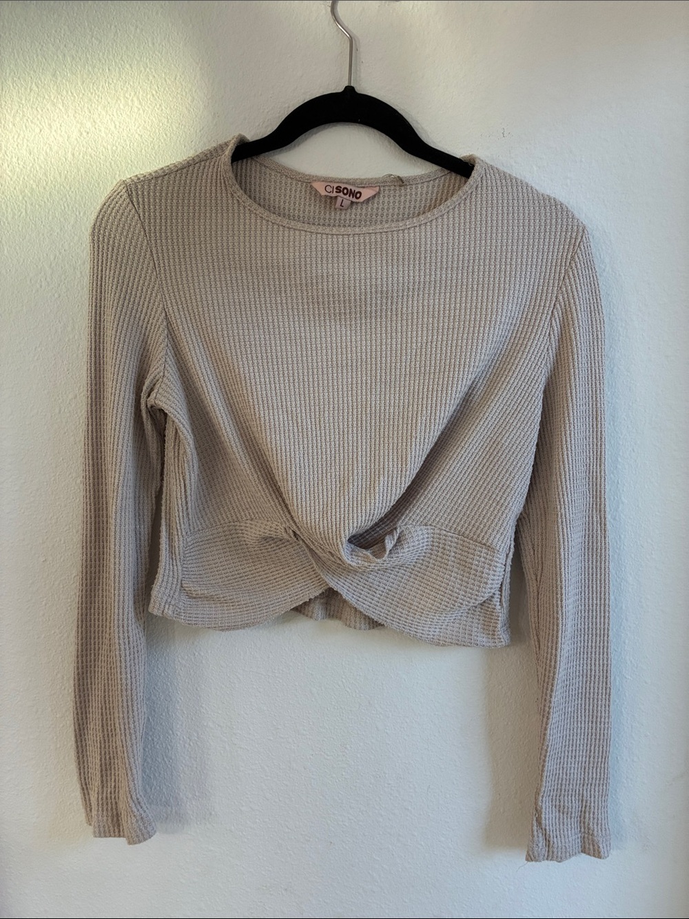 Ci Sono Neutral Beige Twist-Front Waffle Long Sleeve Top